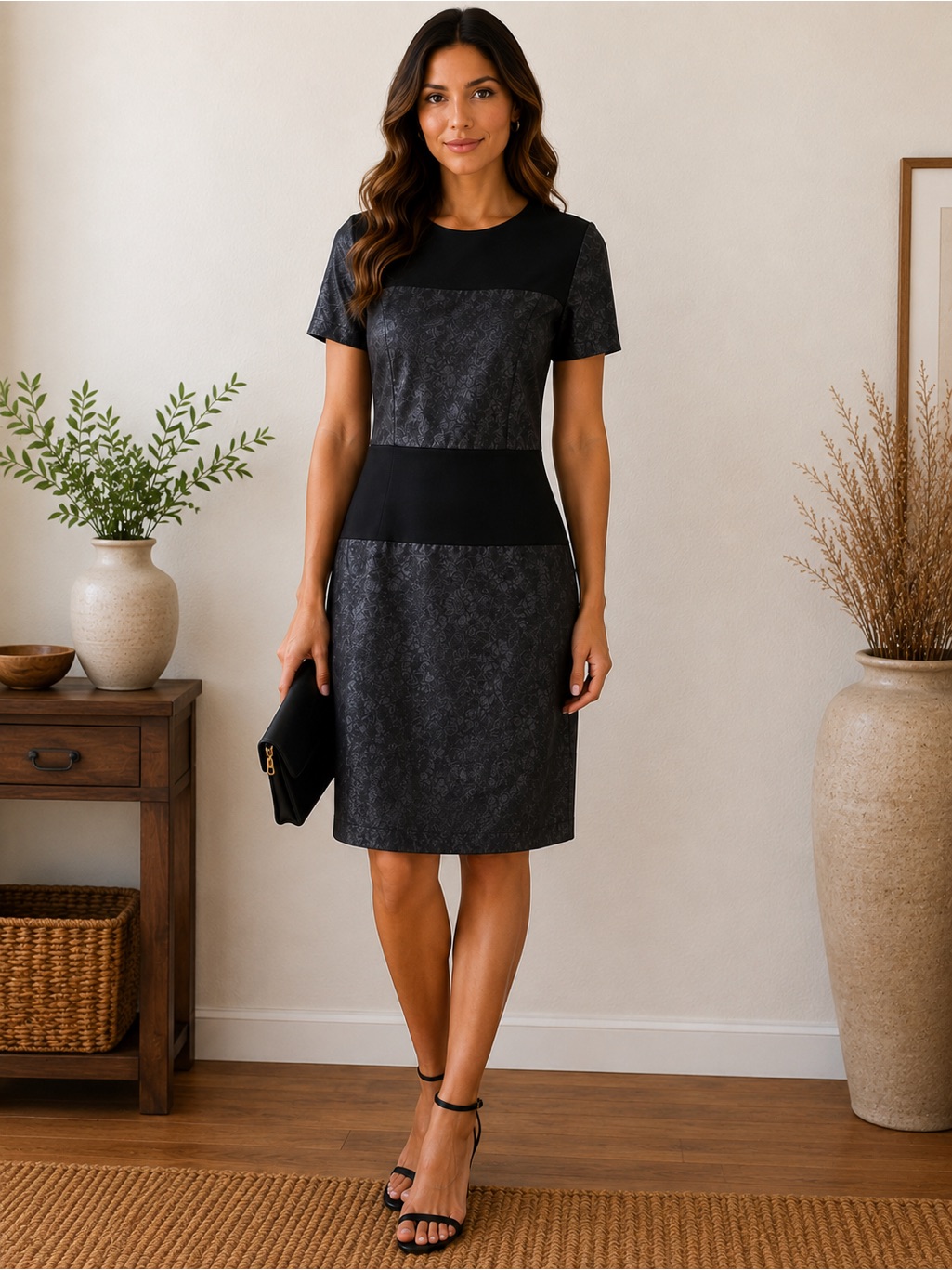 Walter Baker Black Textured Panel Midi Dress